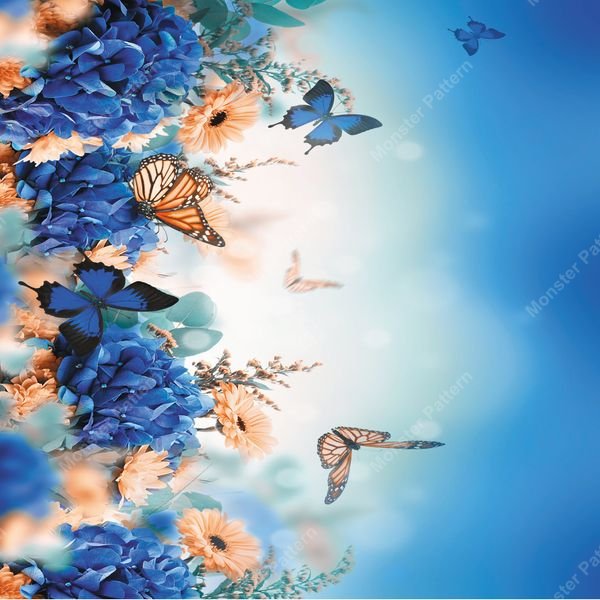 Blue Hydrangea & Butterfly — original textile pattern for nursery licensing