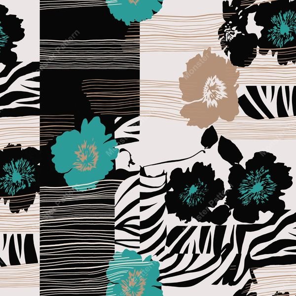 Floral Zebra Stripe Patchwork — original textile pattern for floral licensing