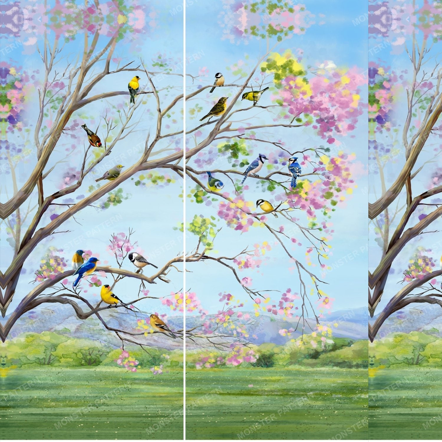 Birds on Blossom Branches — original textile pattern for floral licensing