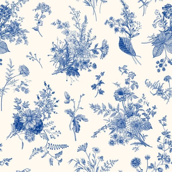 Blue Floral Toile Pattern — original textile pattern for floral licensing