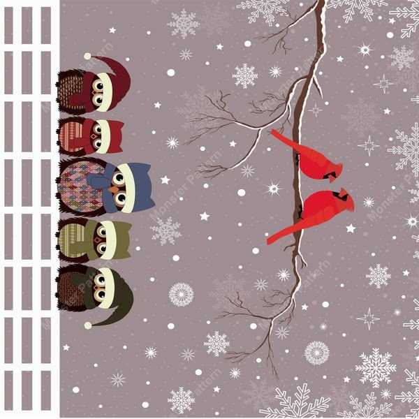 Winter Owls and Cardinals — original textile pattern for nursery licensing
