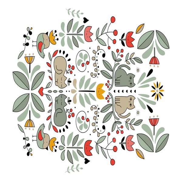 Folk Art Cats and Flora — original textile pattern for lifestyle licensing