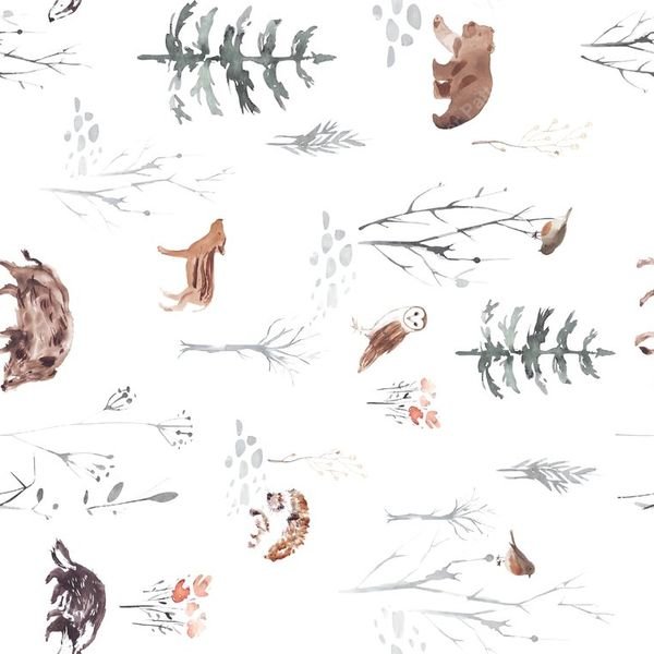 Watercolor Animal Botanical Repeat — original textile pattern for nursery licensing