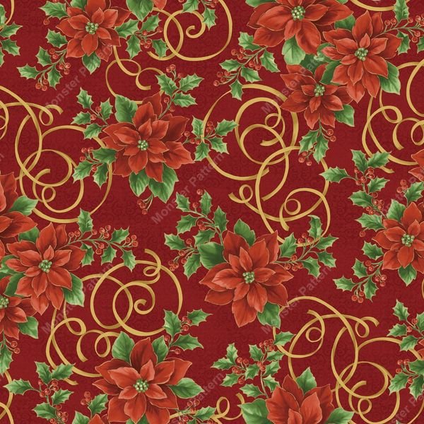 Poinsettia Scroll Pattern — original textile pattern for tabletop licensing