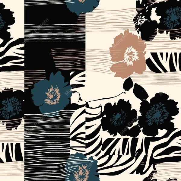 Floral Zebra Stripe Patchwork — original textile pattern for floral licensing