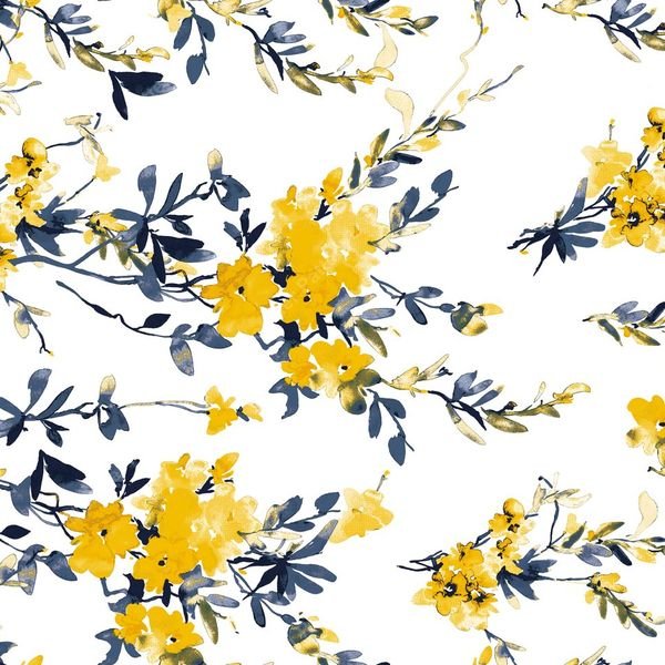 Yellow and Blue Floral Branches — original textile pattern for floral licensing