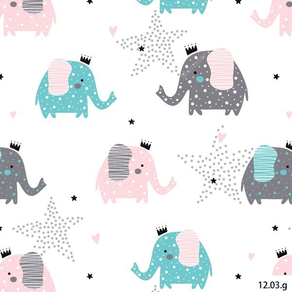 Cute Elephants with Crowns — original textile pattern for nursery licensing