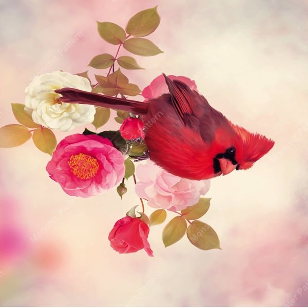 Cardinal with Roses — original textile pattern for floral licensing
