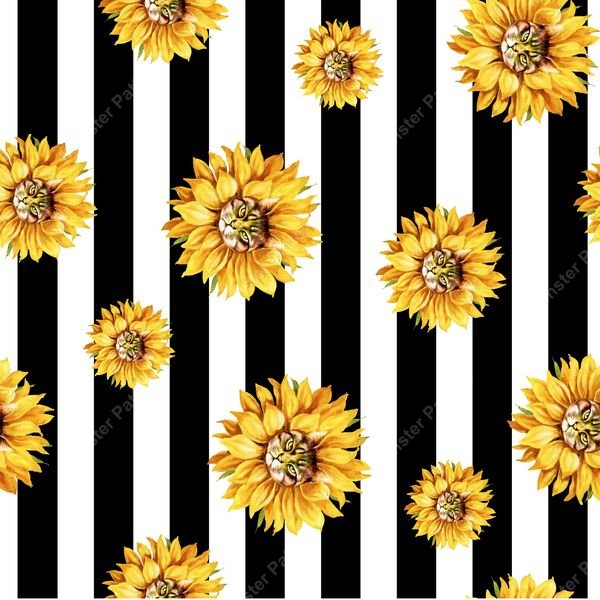 Sunflower Cat Stripe Pattern — original textile pattern for floral licensing