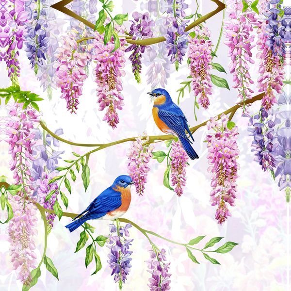 Wisteria and Bluebirds — original textile pattern for floral licensing