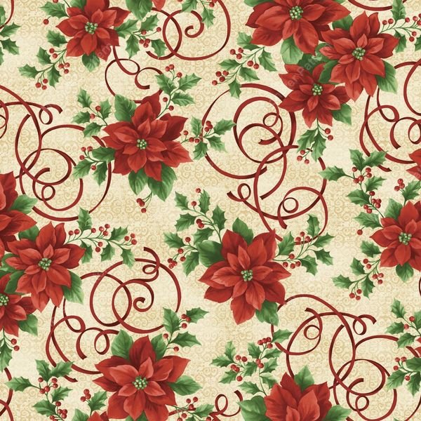 Poinsettia Scroll Pattern — original textile pattern for floral licensing
