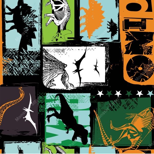 Dinosaur Collage Repeat Pattern — original textile pattern for nursery licensing