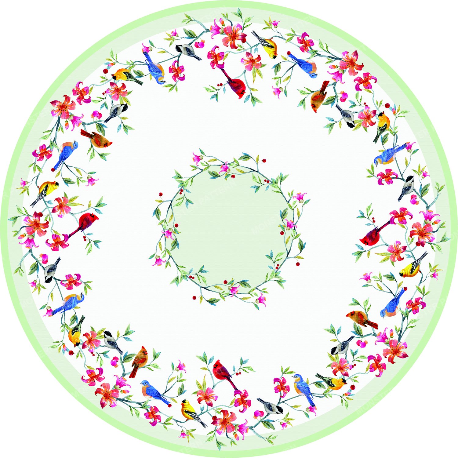 Circular Floral Bird Wreath — original textile pattern for floral licensing
