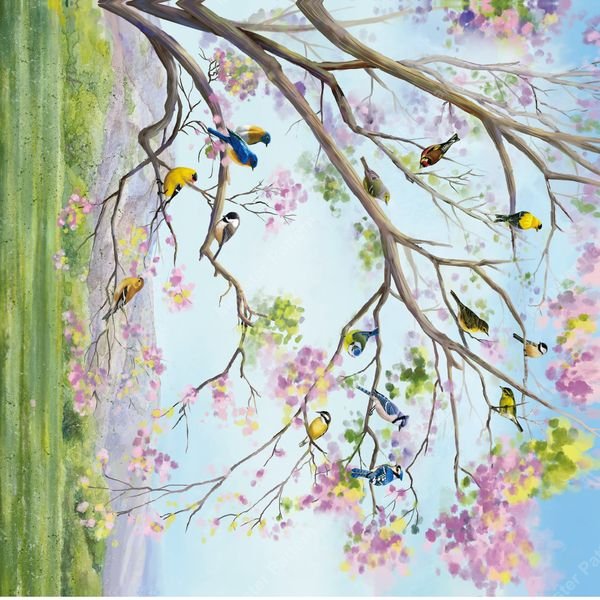 Birds on Flowering Branches — original textile pattern for floral licensing