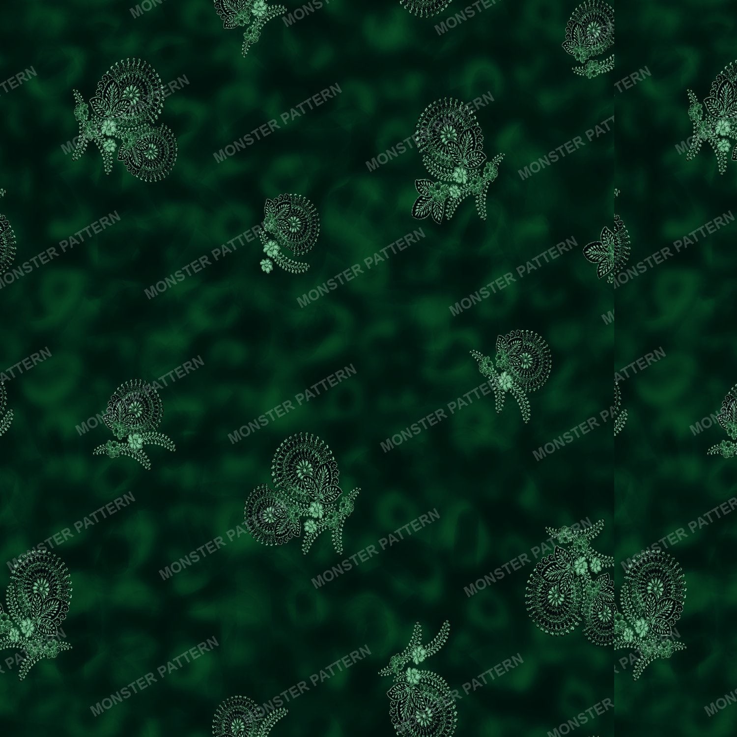 Dark Green Paisley Motifs — original textile pattern for botanical licensing