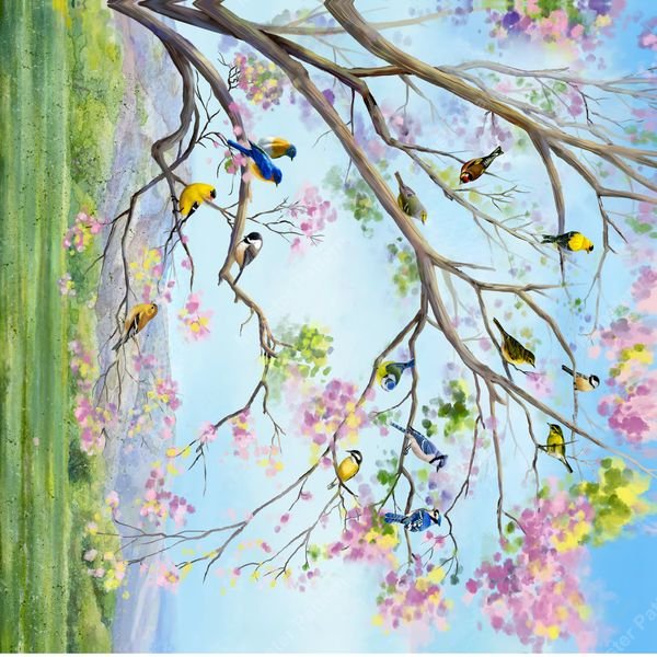 Birds on Blossom Branches — original textile pattern for floral licensing