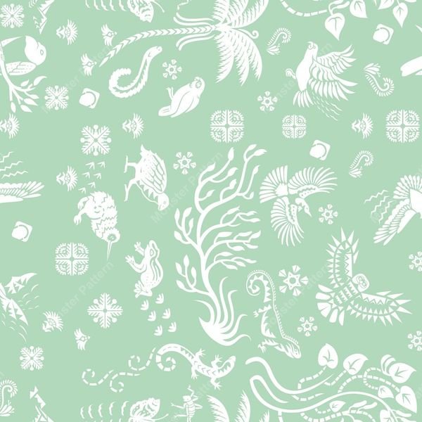 Green White Floral Animal Pattern — original textile pattern for nursery licensing