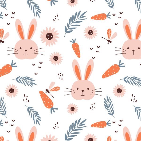Cute Bunny Carrot Floral — original textile pattern for lifestyle licensing