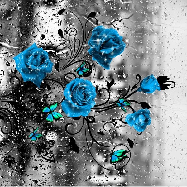 Blue Roses Butterflies Rain — original textile pattern for nursery licensing