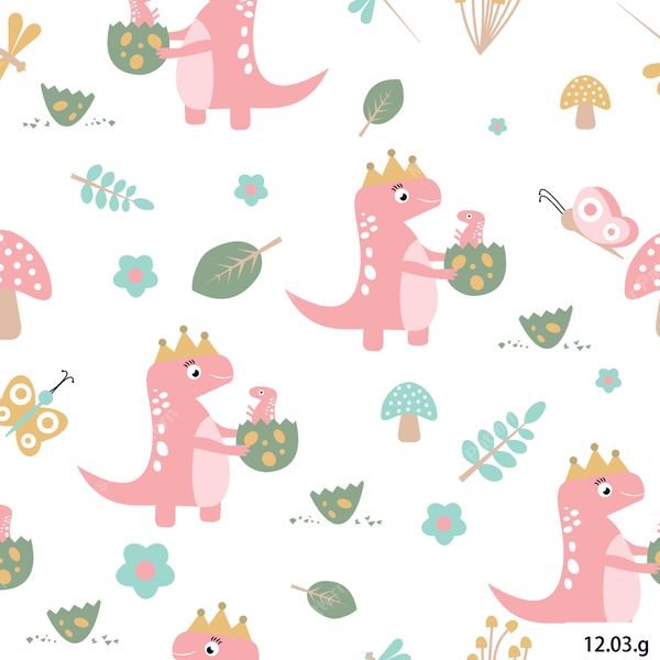 Pink Dinosaur Crown Pattern — original textile pattern for nursery licensing