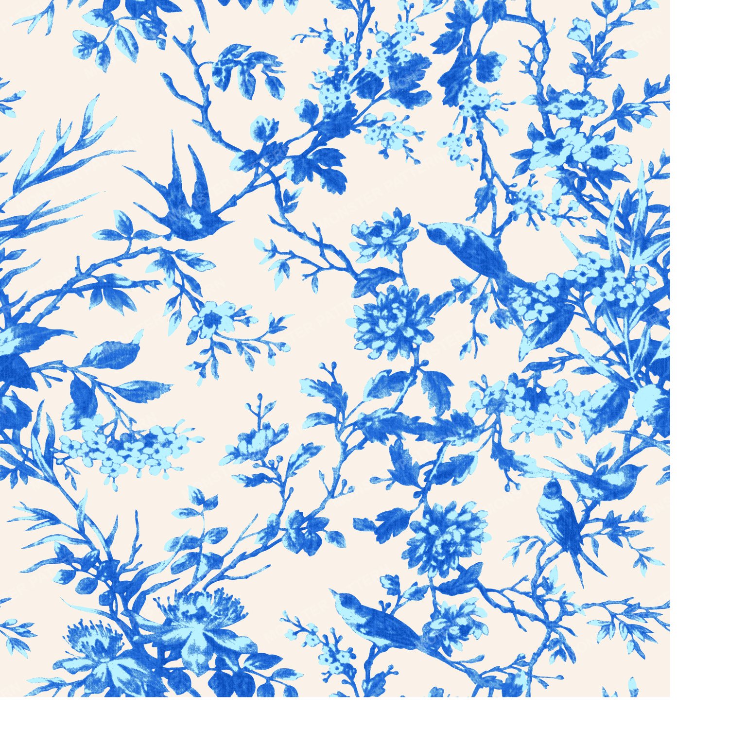 Blue Floral Bird Pattern — original textile pattern for floral licensing