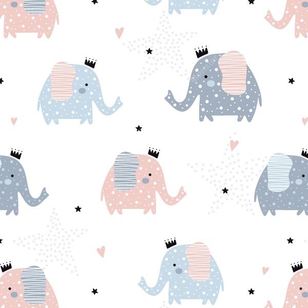 Cute Elephants with Crowns — original textile pattern for nursery licensing
