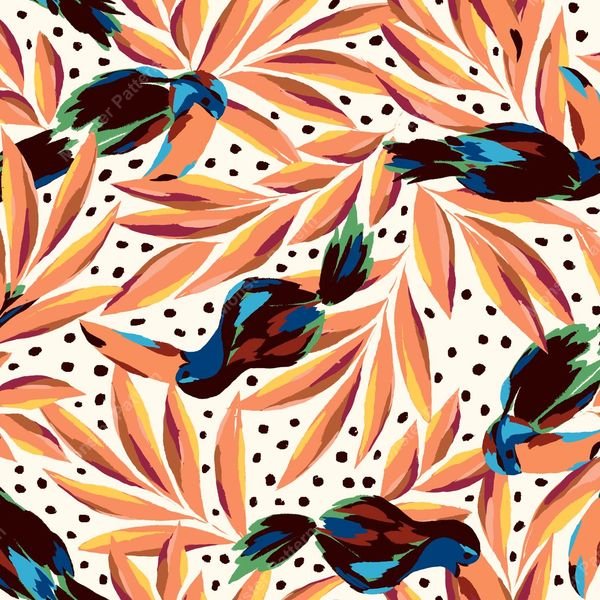 Tropical Bird and Leaf Pattern — original textile pattern for botanical licensing