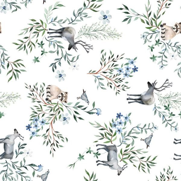 Watercolor Deer Floral Pattern — original textile pattern for nursery licensing