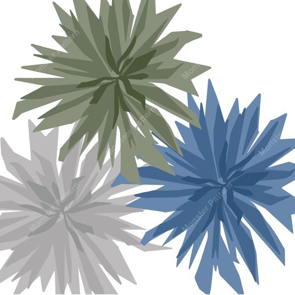 Three stylized floral bursts — original textile pattern for floral licensing