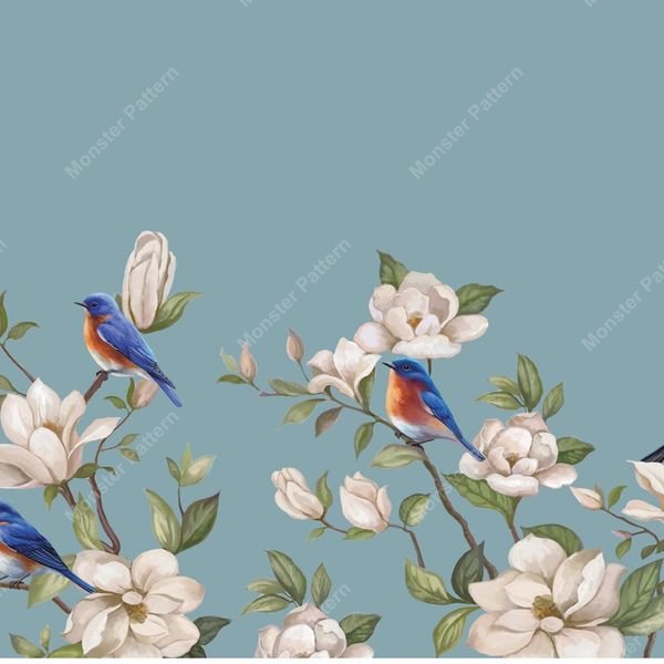 Bluebirds and Magnolias Border — original textile pattern for floral licensing