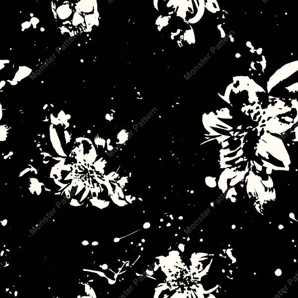 Black and white floral repeat — original textile pattern for floral licensing