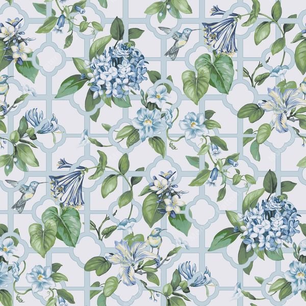Blue Floral Lattice Pattern — original textile pattern for floral licensing