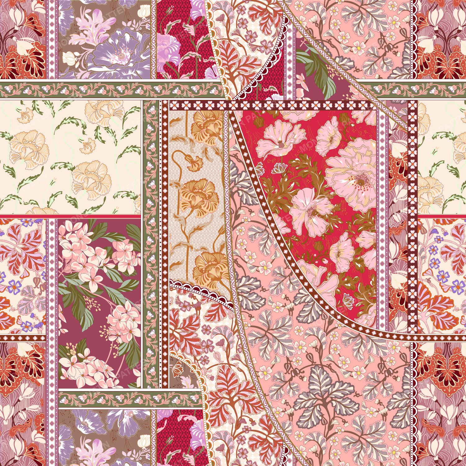 Patchwork Floral Repeat — original textile pattern for floral licensing