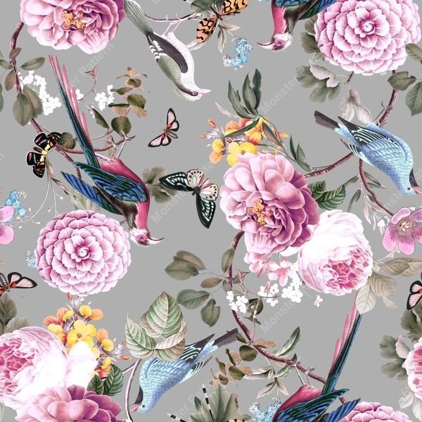 Floral Bird Repeat Pattern — original textile pattern for nursery licensing