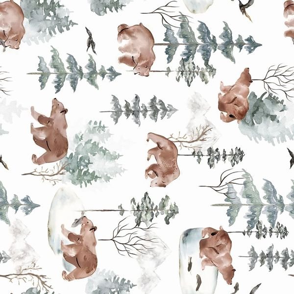 Watercolor Bear and Foliage Pattern — original textile pattern for nursery licensing